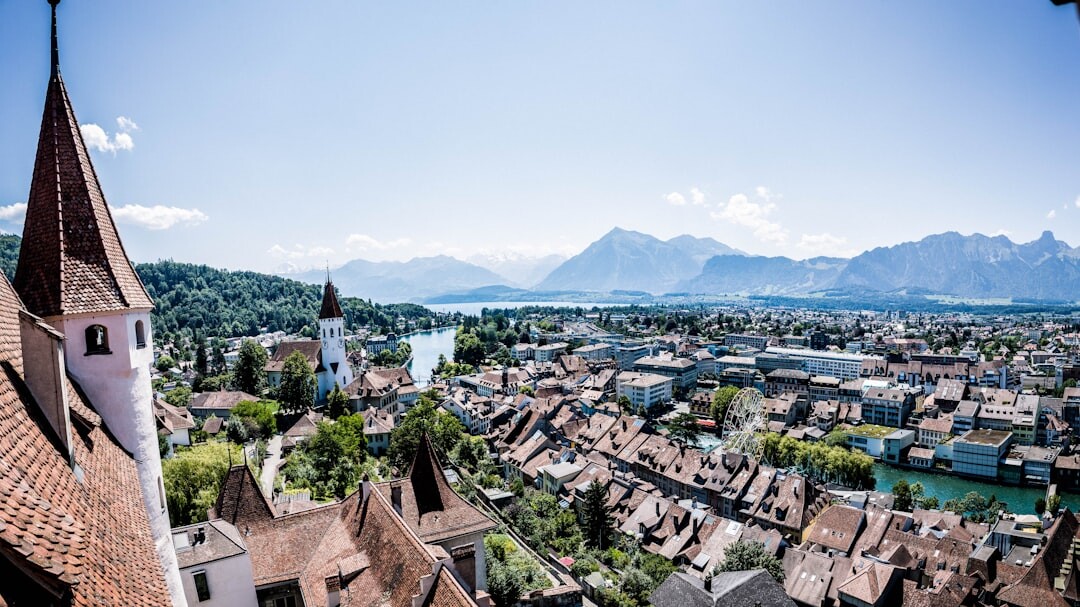Aerial view of a Swiss lakeside city